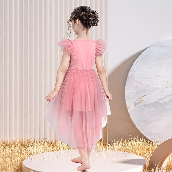 Sunny Fashion Girl's Pink Sequin Tulle Hi-Low Dress Flutter Sleeves Size 4 - Picture 2 of 7